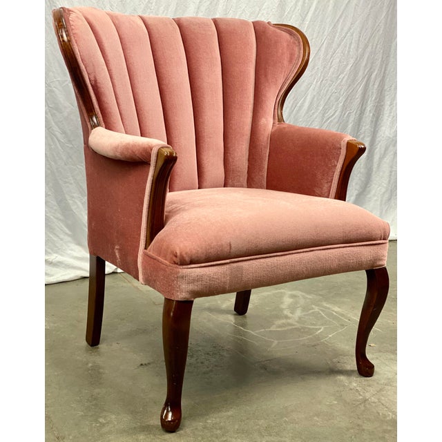 Vintage Mid Century Channel Back Tufted Soft Pink Velvet Accent Chair