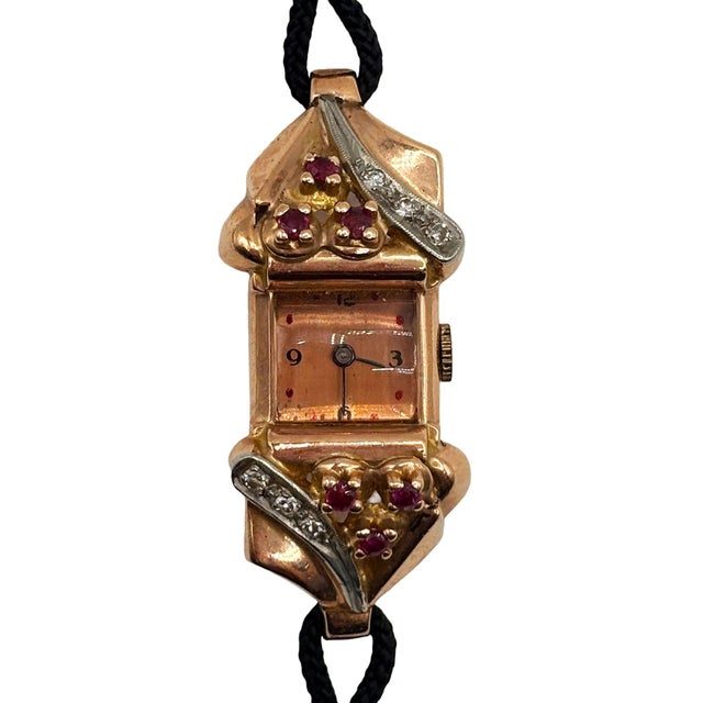 1940s Women's 14k Gold Wristwatch W/ Ruby & Diamond Accents by Jacoby-Bender For Sale - Image 10 of 16