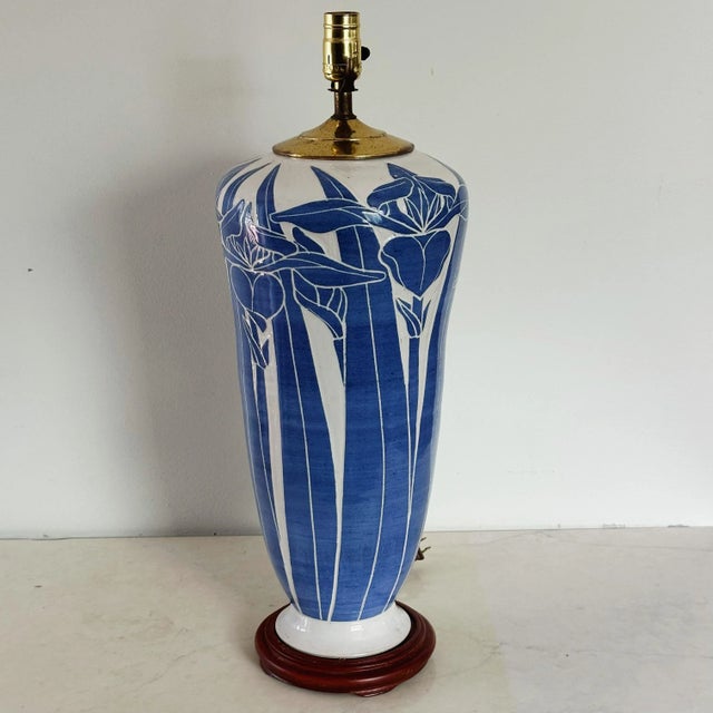 Art Nouveau Vintage Hand Thrown and Expertly Detailed Studio Pottery Lamp Depicting Iris Flowers in Blue For Sale - Image 3 of 11