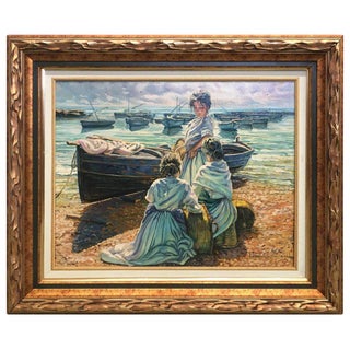 20th Scene of This Time, Sea, Spanish Oil on Canvas, Gonzalez Alacreu For Sale