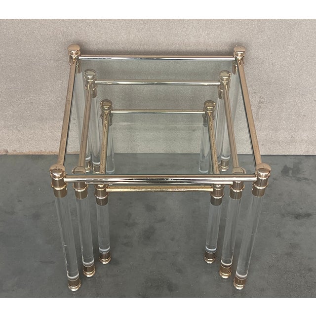 Transparent Set of Three Vintage Lucite an Brass Nesting Tables With Glass Top For Sale - Image 8 of 12