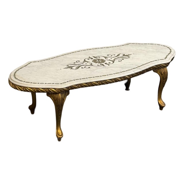Mid 20th Century Rococo Etched Floral Motif Marble Top Giltwood Coffee Table For Sale