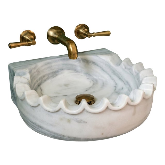 White Marble Scalloped Wall Mounted Sink, Handcrafted Luxury Stone Bathroom Vanity Basin For Sale