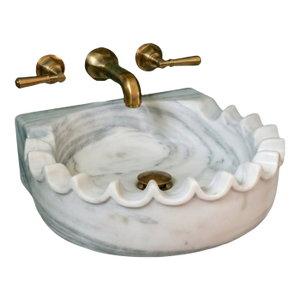 White Marble Scalloped Wall Mounted Sink, Handcrafted Luxury Stone Bathroom Vanity Basin