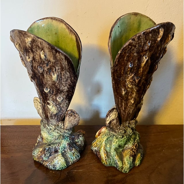 Antique 19th Century French Majolica Palissy Ware Sea Shell Form Vases - a Pair For Sale - Image 4 of 12