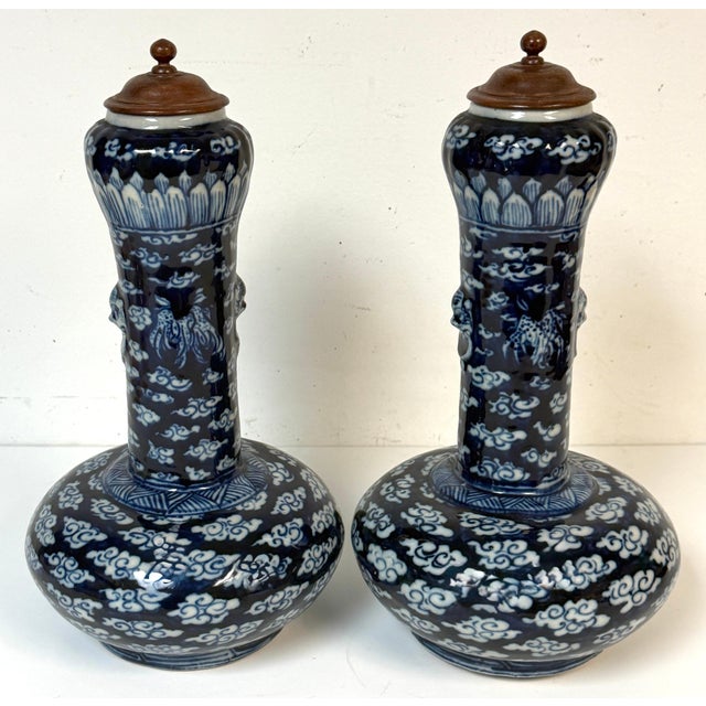 Ceramic Pair of Late Qing Blue & White Porcelain Garlic-Neck Vases, Lion Mask Handles For Sale - Image 7 of 14