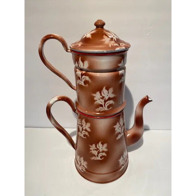 Shabby Chic Vintage French Biggen Stenciled Coffee Pot and Filter Set- 3 Pieces For Sale - Image 3 of 12