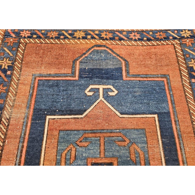 Navy Blue 19th Century Caucasian Fachralo Kazak Prayer Area Rug, Persimmon & Blue, 3' x 4' For Sale - Image 8 of 15