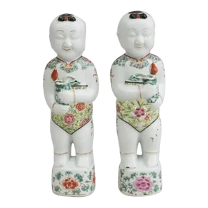 Antique 18th Century Chinese Famille Rose Porcelain Ho Ho Boy Twins - a Pair
