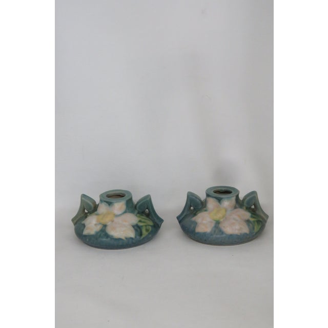 Mid-Century Modern Roseville Pottery Clematis Ceil Blue Short Candlestick Holders 1158 2 a Pair 4688b For Sale - Image 3 of 16
