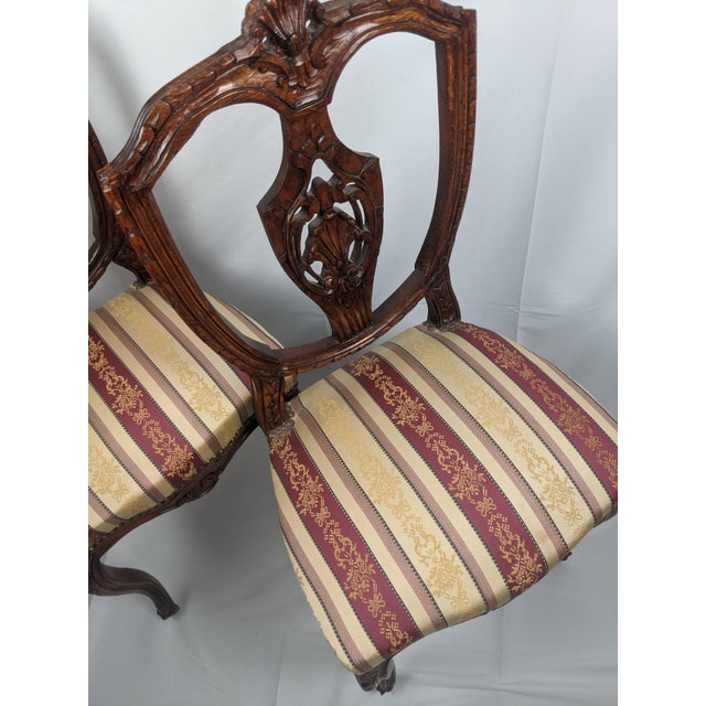 Rococo Late 20th Century Pair of French Louis XV Style Carved Walnut Side Chairs With Burgundy & Gold Damask Upholstery For Sale - Image 3 of 17