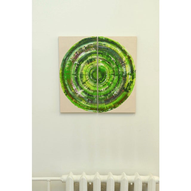 Contemporary Green Circle Diptych Ii, Contemporary Painting on Canvas For Sale - Image 3 of 11