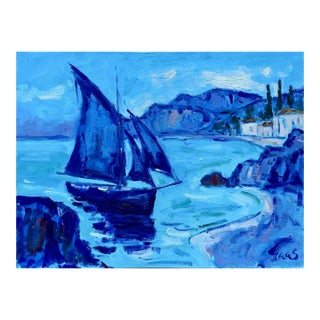 Blue Harbor Voyage – Original Oil Painting Sailboat Coastal Landscape For Sale