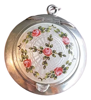 Antique Silver Enamel Compact Locket With Roses and Mirror, Birmingham 1916