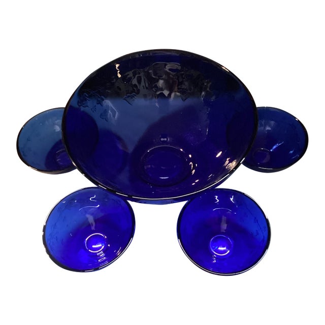 Vintage Cobalt Blue Cherry Blossom Servings Set of 5 Pieces by Jeannette Glass For Sale