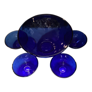 Vintage Cobalt Blue Cherry Blossom Servings Set of 5 Pieces by Jeannette Glass