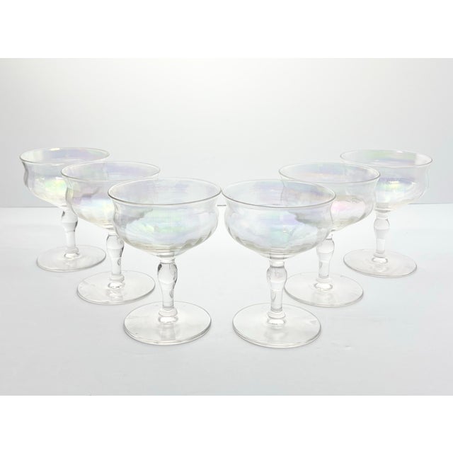 Mid-Century Modern 1960s Set of 6 Lustre Iridescent Rainbow Pearl Optic Coupe Champagne Glasses For Sale - Image 3 of 7