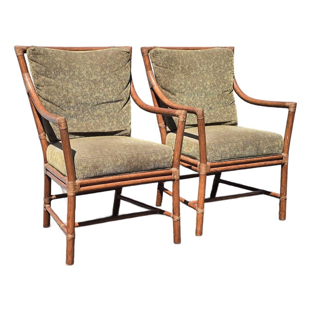 Pair of Vintage McGuire Orlando Diaz-Azcuy Bamboo Rattan Chairs W Leather Straps For Sale