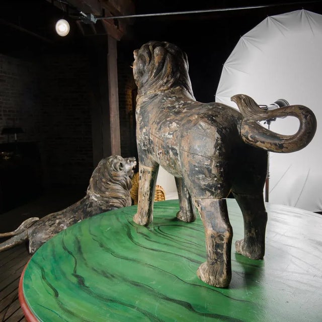 Mid 19th Century 19th Century Asian Life Sized Polychromed Lion Head Wooden Statues - Set of 2 For Sale - Image 5 of 13