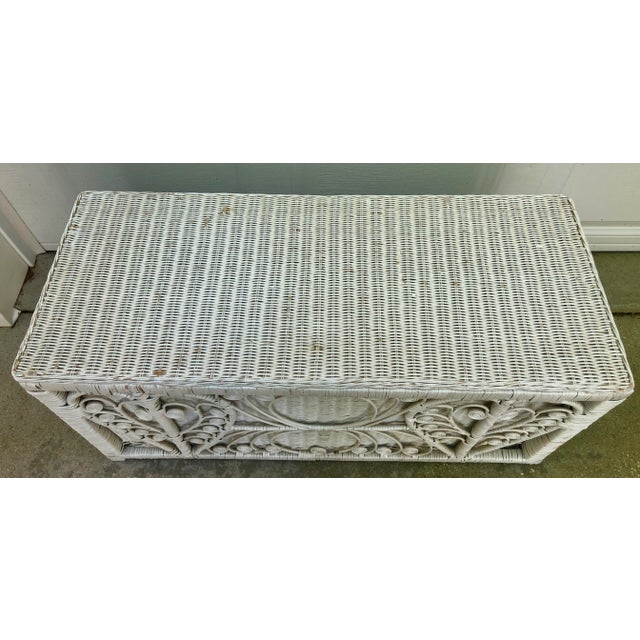 White Fiddlehead Heart Peacock Wicker Rattan Trunk For Sale - Image 4 of 7