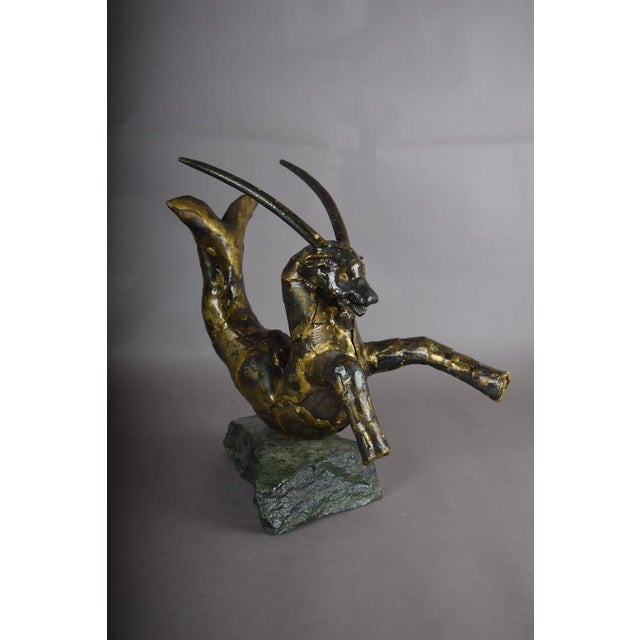 1940s Bronze Capricorn Sculpture, Signed Faust 1994 — Mythical Zodiac Form on Stone Base For Sale - Image 5 of 14