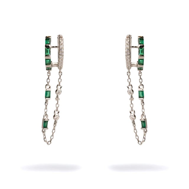Emerald Stone Design Sterling Silver & Diamond Dangle Earrings, A Pair For Sale In Miami - Image 6 of 6