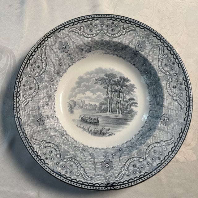 Circa 1857 - 80 Spode Copeland Transferware Blue Rimmed Soup Bowl Lace Border Cottage Richmond Views. 2Available.