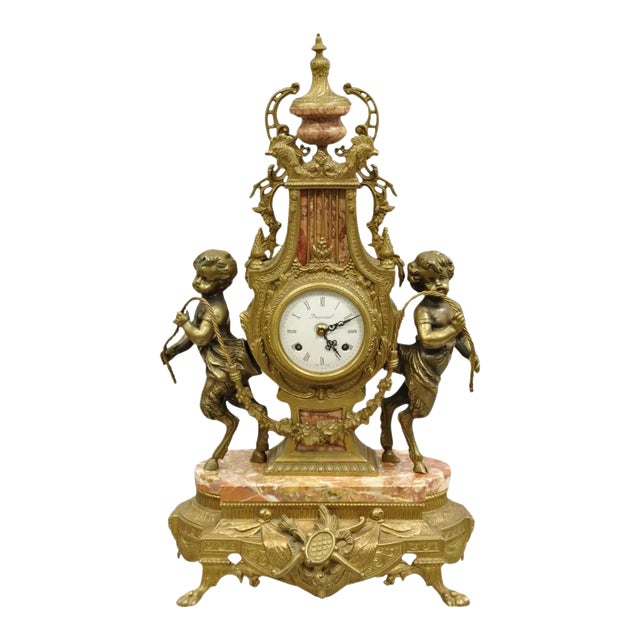 Vintage French Louis XV Style Brevetatto Italy Brass Marble Figural Cherub Clock For Sale