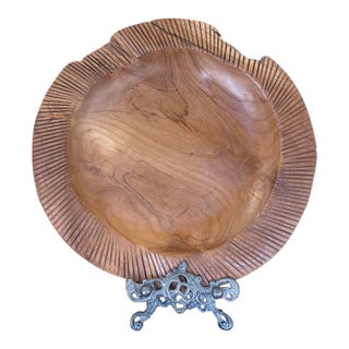 Mid-Century Hand-Carved Solid Wood Decorative Bowl With Chiseled Rim Detailing. For Sale