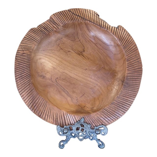 Mid-Century Hand-Carved Solid Wood Decorative Bowl With Chiseled Rim Detailing. For Sale