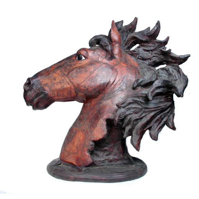 American Vintage Leather Wrapped Equestrian Horse Bust For Sale - Image 3 of 6