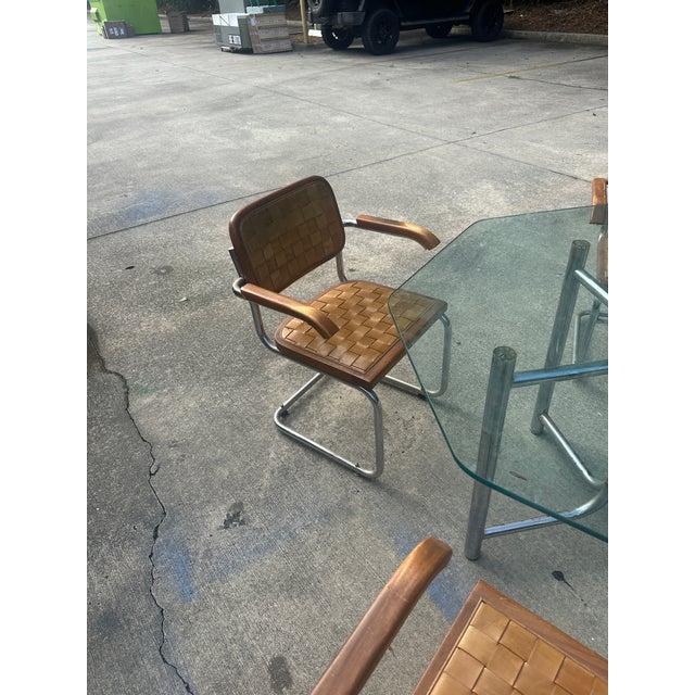 Vintage Chrome and Woven Leather Dining Set With Geometric Glass Top For Sale - Image 4 of 9