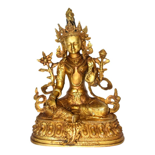 Gilt Bronze Tibetan Green Tara Statue For Sale
