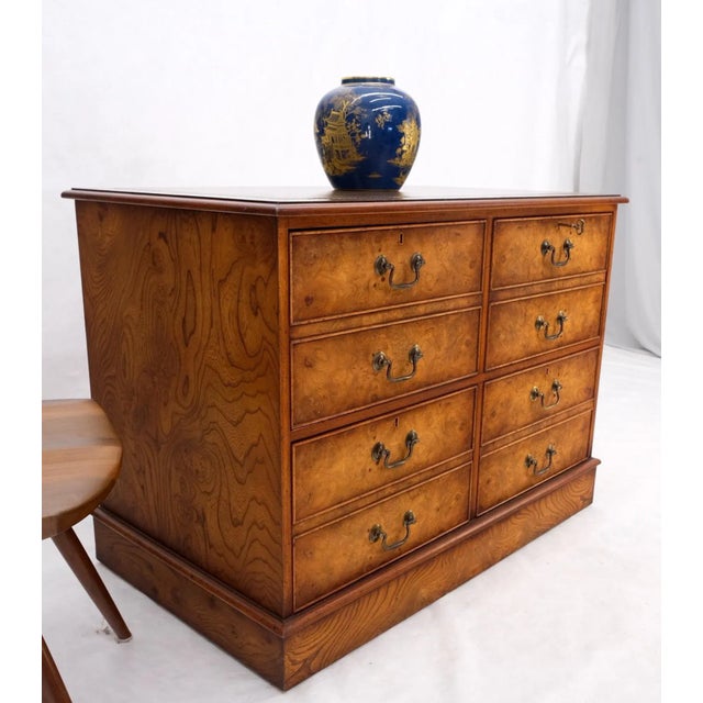 4 Drawers Embossed Leather Top Burl Wood File Cabinet Credenza w/ Key For Sale - Image 10 of 13