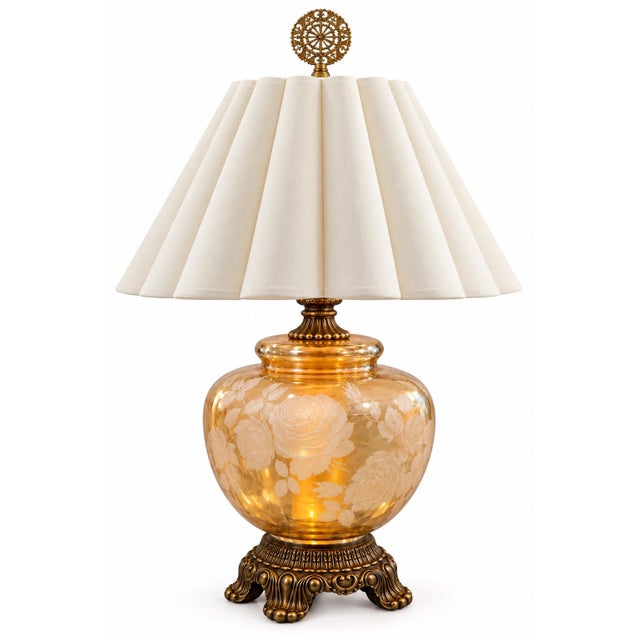 Metal Vintage Etched Amber Glass Rose Urn Lamp With Illuminated Base and Pleated Shade For Sale - Image 7 of 10