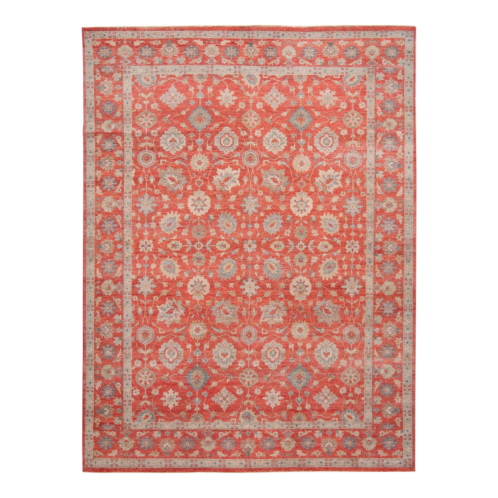 Modern Red Indian Wool Rug Handmade With Allover Floral Motif | Chairish