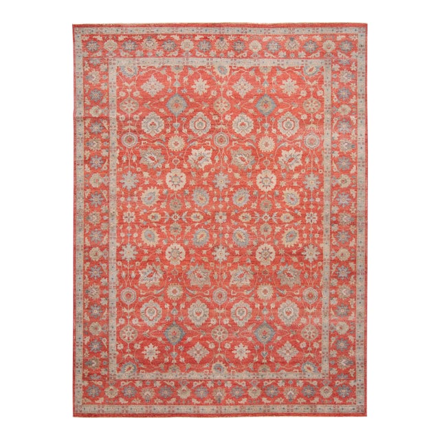 Modern Red Indian Wool Rug Handmade With Allover Floral Motif For Sale