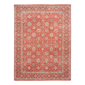 Modern Red Indian Wool Rug Handmade With Allover Floral Motif