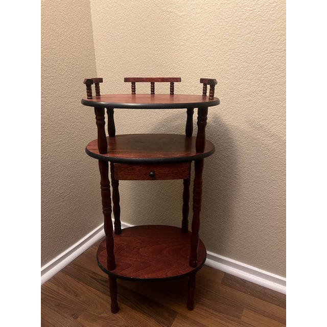 Wood Vintage Solid Wood 3-Tier Round Accent Table W/ Drawer – Early American Colonial Style For Sale - Image 7 of 9