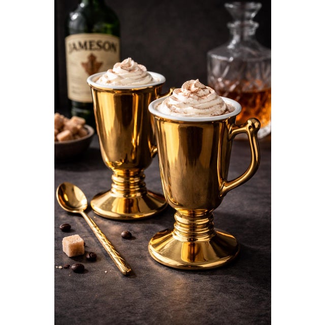 Ceramic Vintage Mid-Century Hall China Gold Luster Pedestal Irish Coffee Mugs — Pair, Model 1273 — Made in Usa For Sale - Image 7 of 8