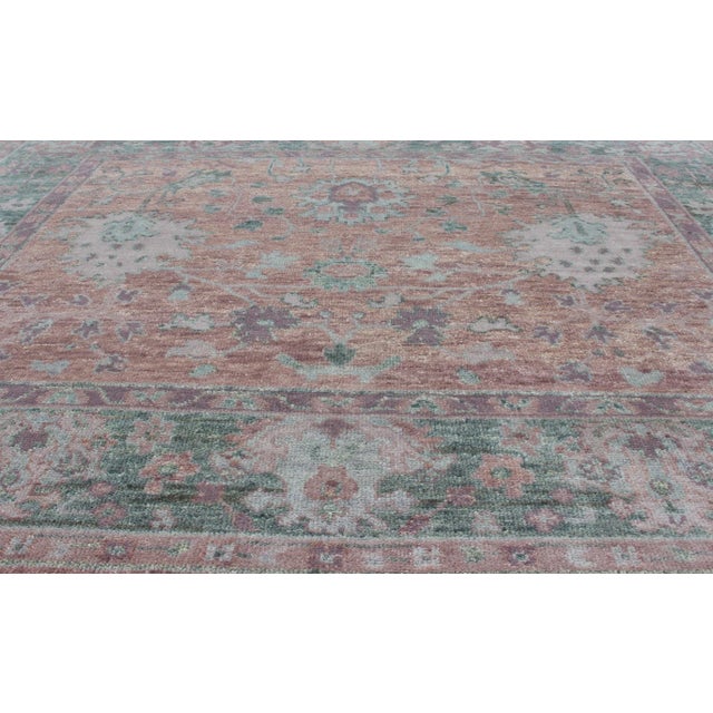 Square Oushak Design Rug in Light Green, Pink and Coral With All-Over Design For Sale In Atlanta - Image 6 of 11