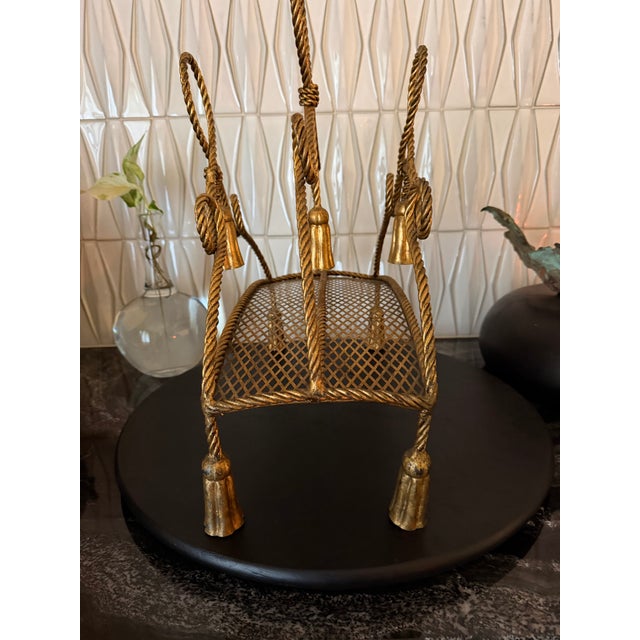 Hollywood Regency Vintage Italian Hollywood Regency Gilt Metal Rope & Tassel Magazine Rack For Sale - Image 3 of 6