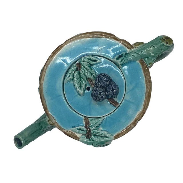 Holdcroft Majolica Blackberry on Tree Trunk Teapot, Turquoise Blue Cover C. 1877 For Sale - Image 10 of 13