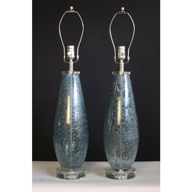 Mid 20th Century Mezza Murano Style Aqua Frost Lamps - a Pair For Sale - Image 12 of 14