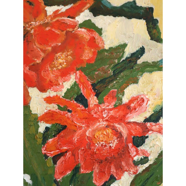 Orange Mid-Century Modern 'Vivid Blossoms' Vintage Expressive Floral Still Life Oil Painting, Framed For Sale - Image 8 of 11
