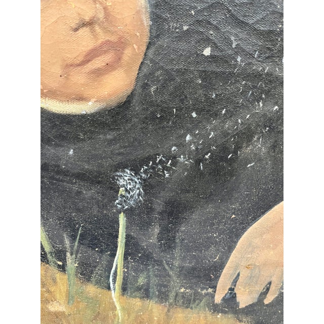 Tan Vintage Realist Portrait Oil Painting of a Young Boy With Dandelions For Sale - Image 8 of 10