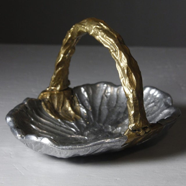 Brutalist fruit bowl shaped like a basket, made of aluminum and brass, designed by David Marshall for ART3, Spain, circa...
