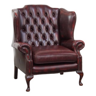 Classic Red Cowhide English Chesterfield Wing Chair with an Exceptionally Wide Seat For Sale