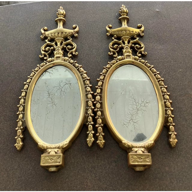 Antique Vintage Pair of Figural Floral Oval Ornate Wall Crackled Mirrors Rococo Style. For Sale - Image 4 of 8