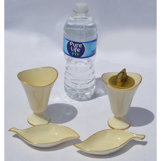 1960s Set of 4 Lenox Cream Ceramic Lighter Cigarette Holder Two Ashtrays Gold Trim For Sale - Image 9 of 14